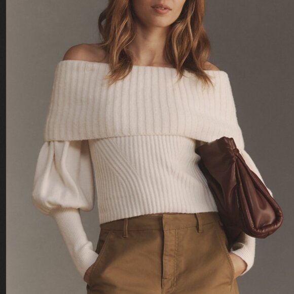 🤍✨ Anthropologie Tessa Off-The-Shoulder Cream Sweater Puff Balloon Sleeves M - Picture 1 of 13